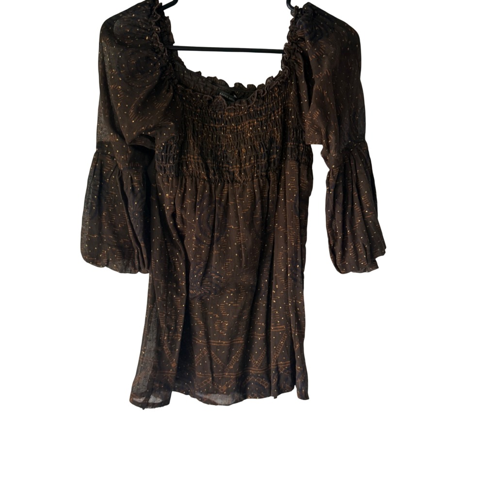 Karma Highway Brown Peasant Top Gold Dot Sheer Smocked Square Neck Medium